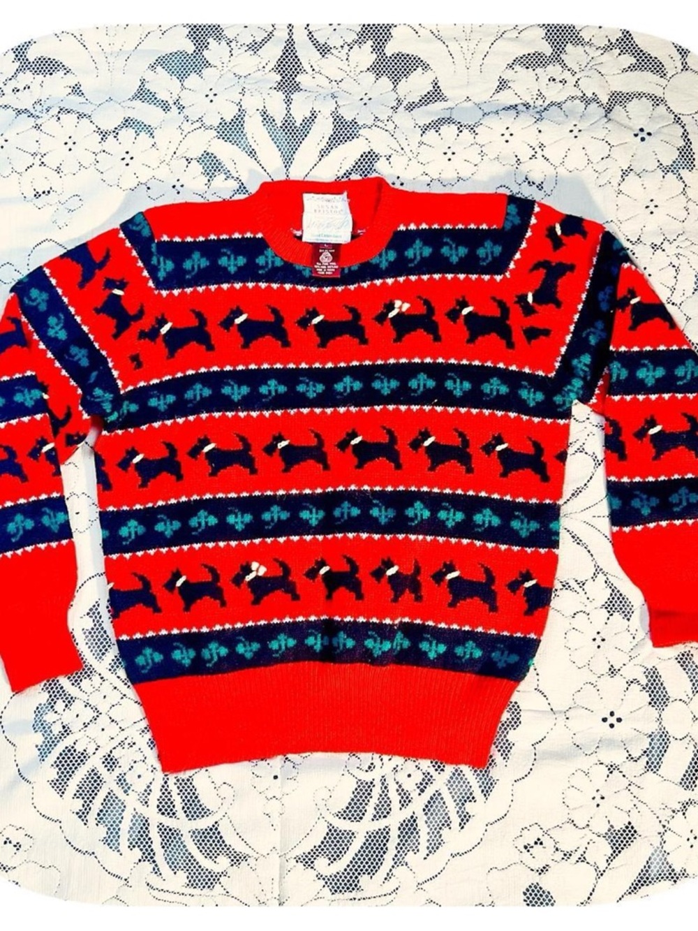 Susan Bristol Red Crewneck Sweater with Navy & Teal Scottie Dog Motif